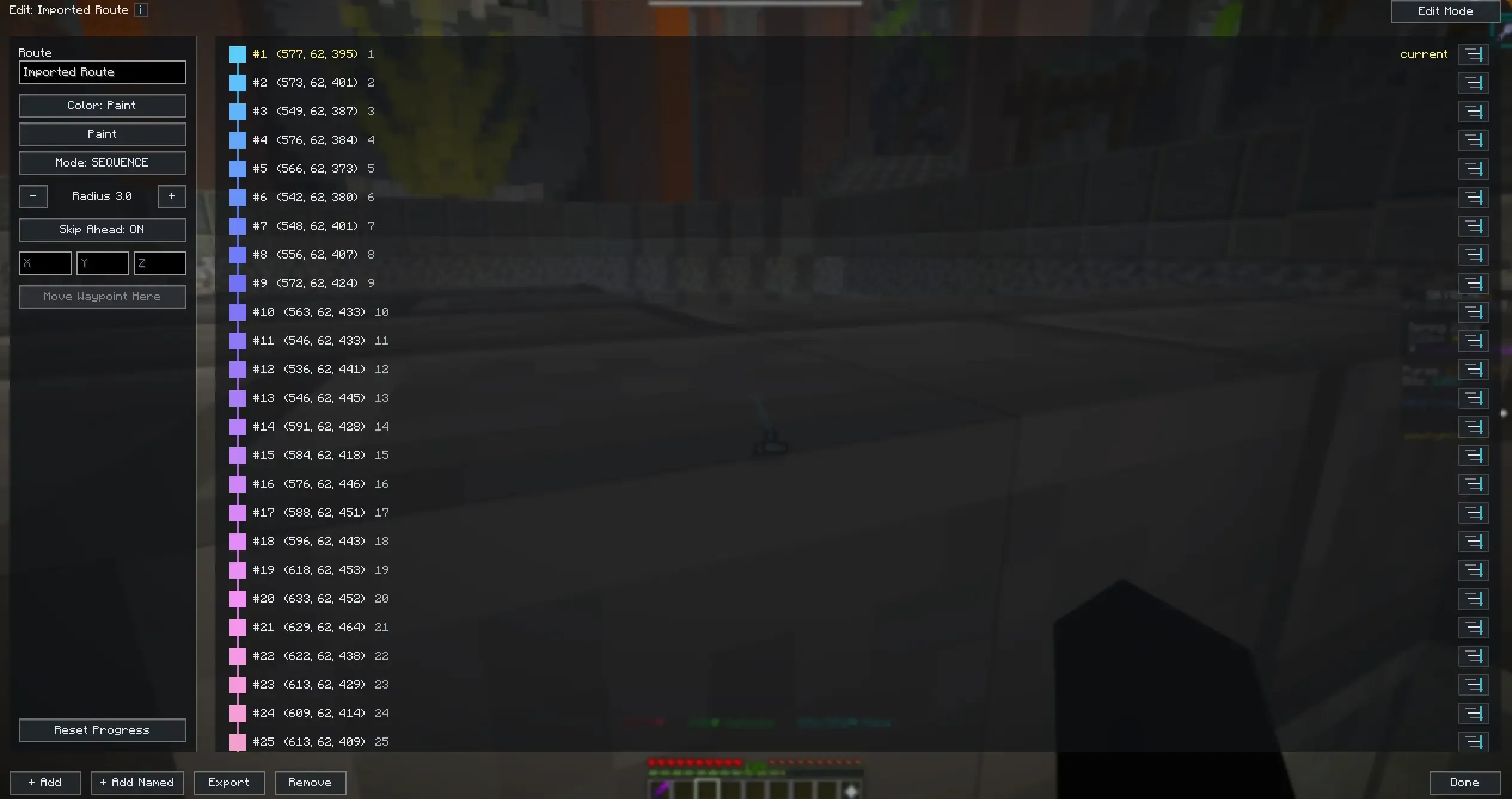 Waypointer's in-game route editor showing a painted gradient route with 25 waypoints